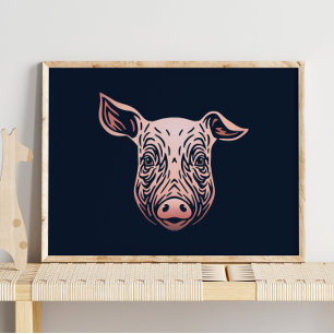 Baby Pig Animal Portrait   Niedlich rosa Farbe dru Poster