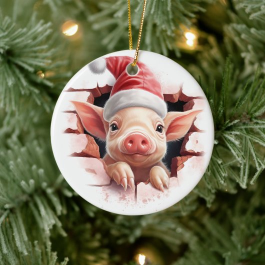 Baby Pig in Weihnachtsmannmütze - 3D Keramik Ornament (Baum)