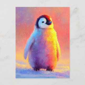 Baby Pinguin im Schnee mit Regenbogen-Glanz Postkarte