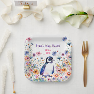 Baby Pinguin in Blume Es ist ein Mädchen   Babydus Pappteller
