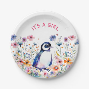 Baby Pinguin in Blume Es ist ein Mädchen Babydus Pappteller