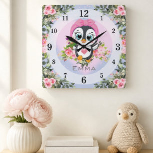 Baby Pinguin Kinderzimmer Personalisiert Quadratische Wanduhr