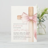 Baby Pink Bow Cross Girl Baptism Einladung (Stehend Vorderseite)