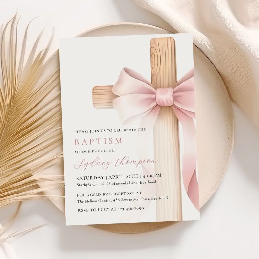 Baby Pink Bow Cross Girl Baptism Einladung