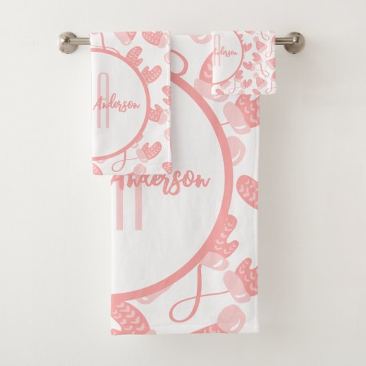 BABY PINK CHRISTMAS WINTER MITTENS & HATS MONOGRAM BADHANDTUCH SET (Insitu)