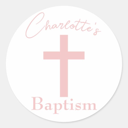Baby Pink Cross mit Individuelle Name Taufe Runder Aufkleber (Vorderseite)