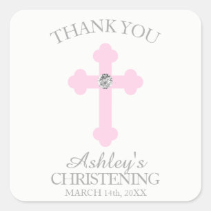 Baby Pink Cross Taufe/Christening Girl Vielen Dank Quadratischer Aufkleber