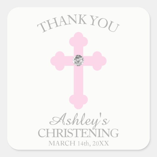 Baby Pink Cross Taufe/Christening Girl Vielen Dank Quadratischer Aufkleber (Vorderseite)