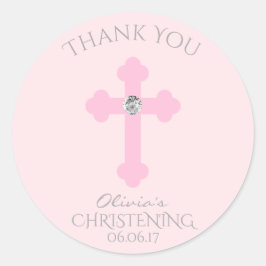 Baby Pink Cross Taufe/Christening Girl Vielen Dank Runder Aufkleber