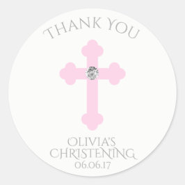 Baby Pink Cross Taufe/Christening Girl Vielen Dank Runder Aufkleber
