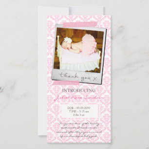 Baby Pink Damask Gingham Vielen Dank Dankeskarte