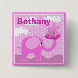 Baby Pink Elephant und Blume Personalisiert Button