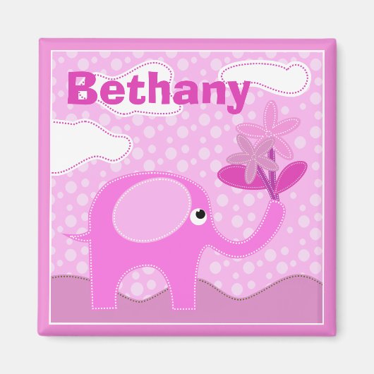 Baby Pink Elephant und Blume Personalisiert Magnet (Vorne)