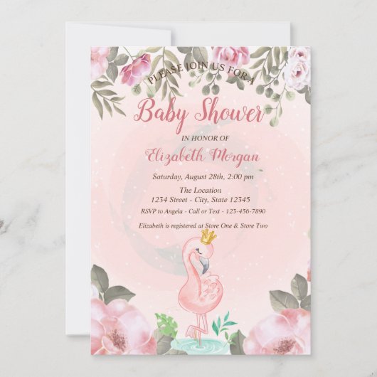 Baby Pink Flamingo Crown Floral Baby Dusche Einladung (Vorderseite)