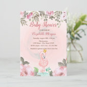 Baby Pink Flamingo Crown Floral Baby Dusche Einladung (Stehend Vorderseite)