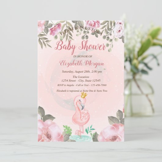 Baby Pink Flamingo Crown Floral Baby Dusche Einladung (Stehend Vorderseite)