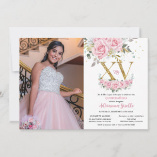 Baby Pink Floral Gold XV Quinceañera Quince Foto Einladung