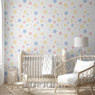 Baby Pink, Gelb und blaue Sterne auf weißem Muster Tapete