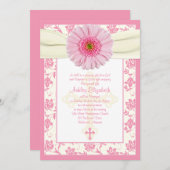 Baby Pink Gerbera Ivory Taufe Einladung (Vorne/Hinten)