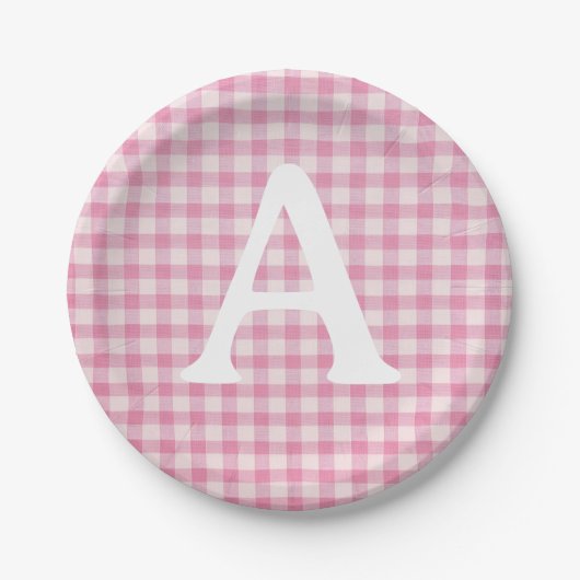Baby Pink Gingham Custom Initial Pappteller (Vorderseite)