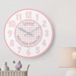 Baby Pink Gingham Polka Dot Numbers Kinderzimmer C Große Wanduhr