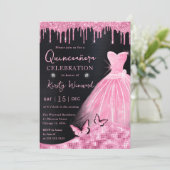 Baby Pink Glitzer Kleid Quinceanera Einladung (Stehend Vorderseite)