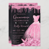 Baby Pink Glitzer Kleid Quinceanera Einladung (Vorne/Hinten)