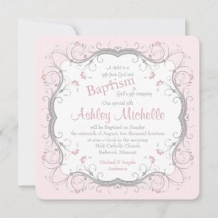 Baby Pink Grey Scroll Floral Taufe Einladung