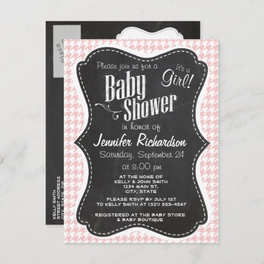 Baby Pink Hahnentrittmuster; Retro Chalkboard-Look Einladungspostkarte (Vorne/Hinten)