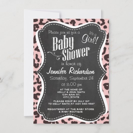 Baby Pink Leopard Animal Print, Chalkboard Einladung (Vorderseite)