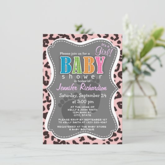 Baby Pink Leopard Animal Print Einladung (Stehend Vorderseite)