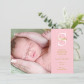 Baby Pink Monogram Birth 4 Fotos Modern Ankündigung (Stehend Vorderseite)