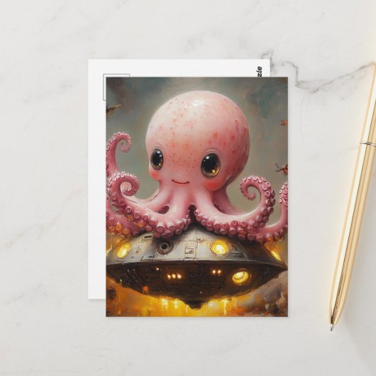Baby Pink Octopus UFO Postkarte (Vorderseite/Rückseite Beispiel)