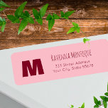 Baby Pink Personalized Monogram Letter Name<br><div class="desc">Baby Pink address label featuring a Burgundy monogram and custom name creates a soft yet luxurious return address detail. The pastel pink background combined with wine toned text gives envelopes a romantic and polished look. Add initials, surname and mailing details for cohesive personal correspondence. Perfect for wedding invitations, baby shower...</div>