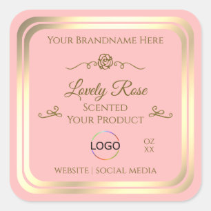 Baby-Pink-Produktetikett mit Gold-Rahmen und Logo Quadratischer Aufkleber