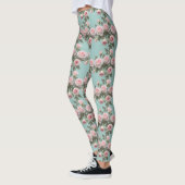 Baby-Pink-Rosen mit Salbeigrünen Blättern Leggings (Links)