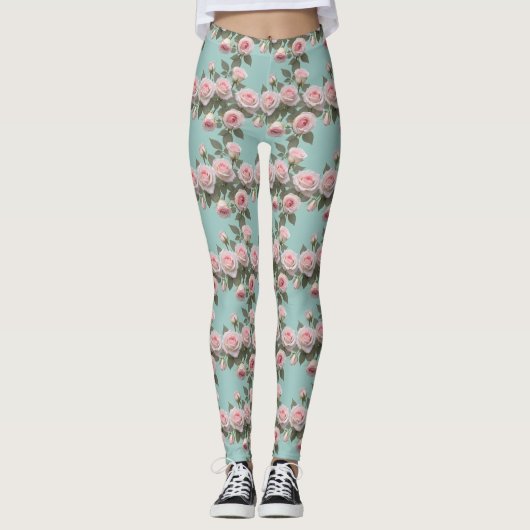 Baby-Pink-Rosen mit Salbeigrünen Blättern Leggings (Vorderseite)