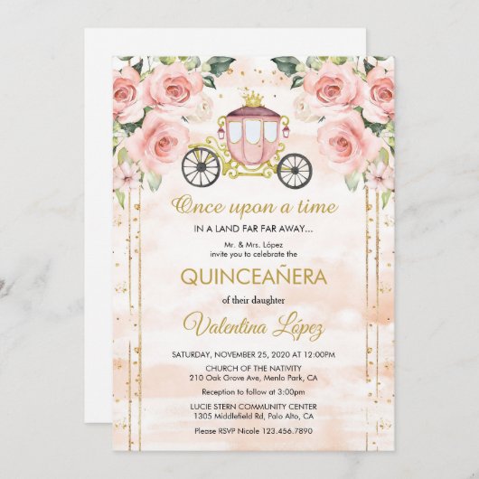 Baby Pink Roses Princess Cinderella Quinceañera Einladung (Vorne/Hinten)