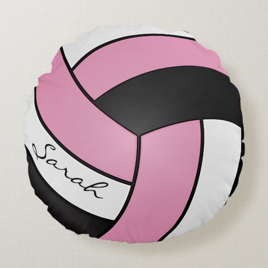 Baby Pink, Schwarz und Weiß Volleyball | DIY Name Rundes Kissen (Vorderseite)
