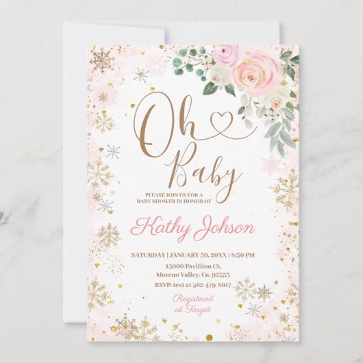 Baby Pink Snowflake Floral Baby Dusche Einladung (Vorderseite)