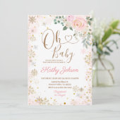 Baby Pink Snowflake Floral Baby Dusche Einladung (Stehend Vorderseite)