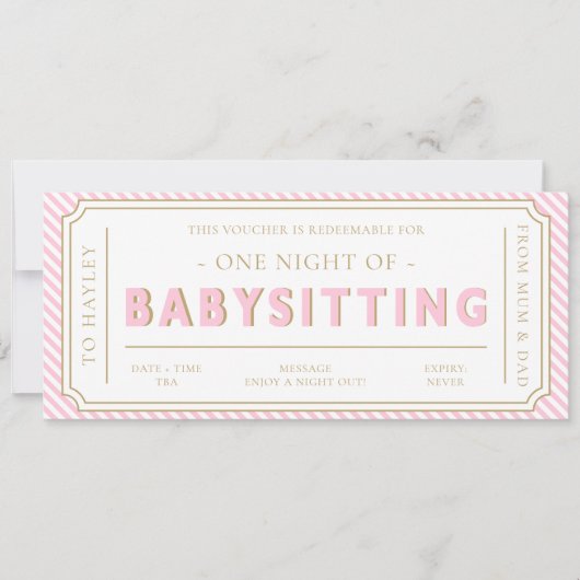 Baby Pink Stripe Babysitter Gutscheinkarte Einladung (Vorderseite)