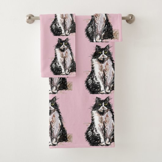Baby Pink Tuxedo Black Cat Cats Handtuch Set (Insitu)