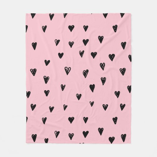 Baby Pink und Black Doodles Niedliches Herzmuster Fleecedecke (Vorderseite)
