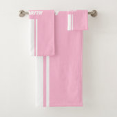 Baby Pink White Racing Stripes Monogramm Kinder Mä Badhandtuch Set (Insitu)