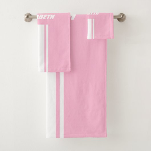 Baby Pink White Racing Stripes Monogramm Kinder Mä Badhandtuch Set (Insitu)