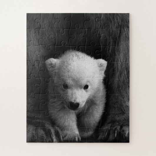 Baby Polar Bear mit Mutter, Schwarz und Weiß Puzzle (Vertikal)