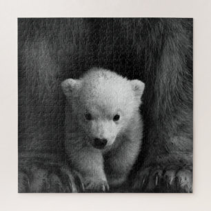 Baby Polar Bear mit Mutter, Schwarz und Weiß Puzzle