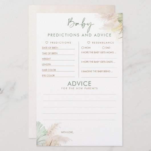 Baby Predictions and Advice Baby Shower Game (Vorne/Hinten)