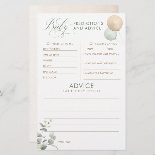 Baby Predictions and Advice Baby Shower Game (Vorne/Hinten)